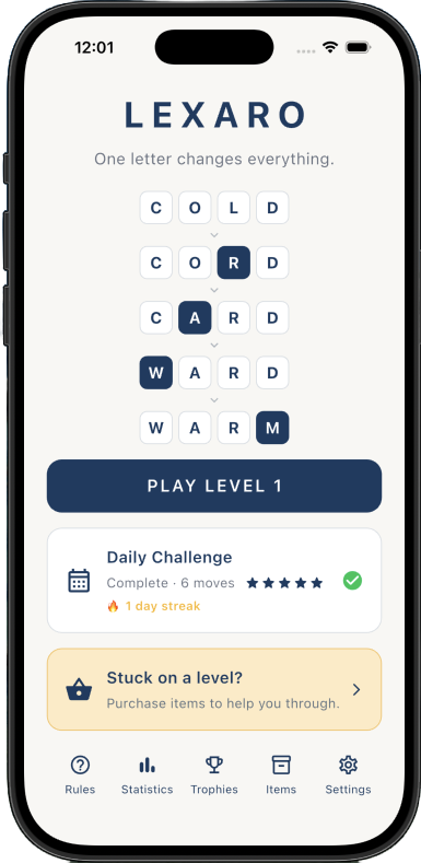 Lexaro home screen showing the word chain COLD to WARM and a Play Level 1 button