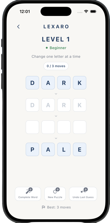 Lexaro gameplay screen mid-puzzle, chaining DARK to PALE one letter at a time